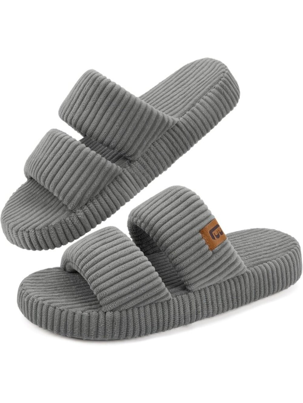 〽️Women's Grey Open Toe Flat Slippers Dual Strap Slide Comfortable House Shoes